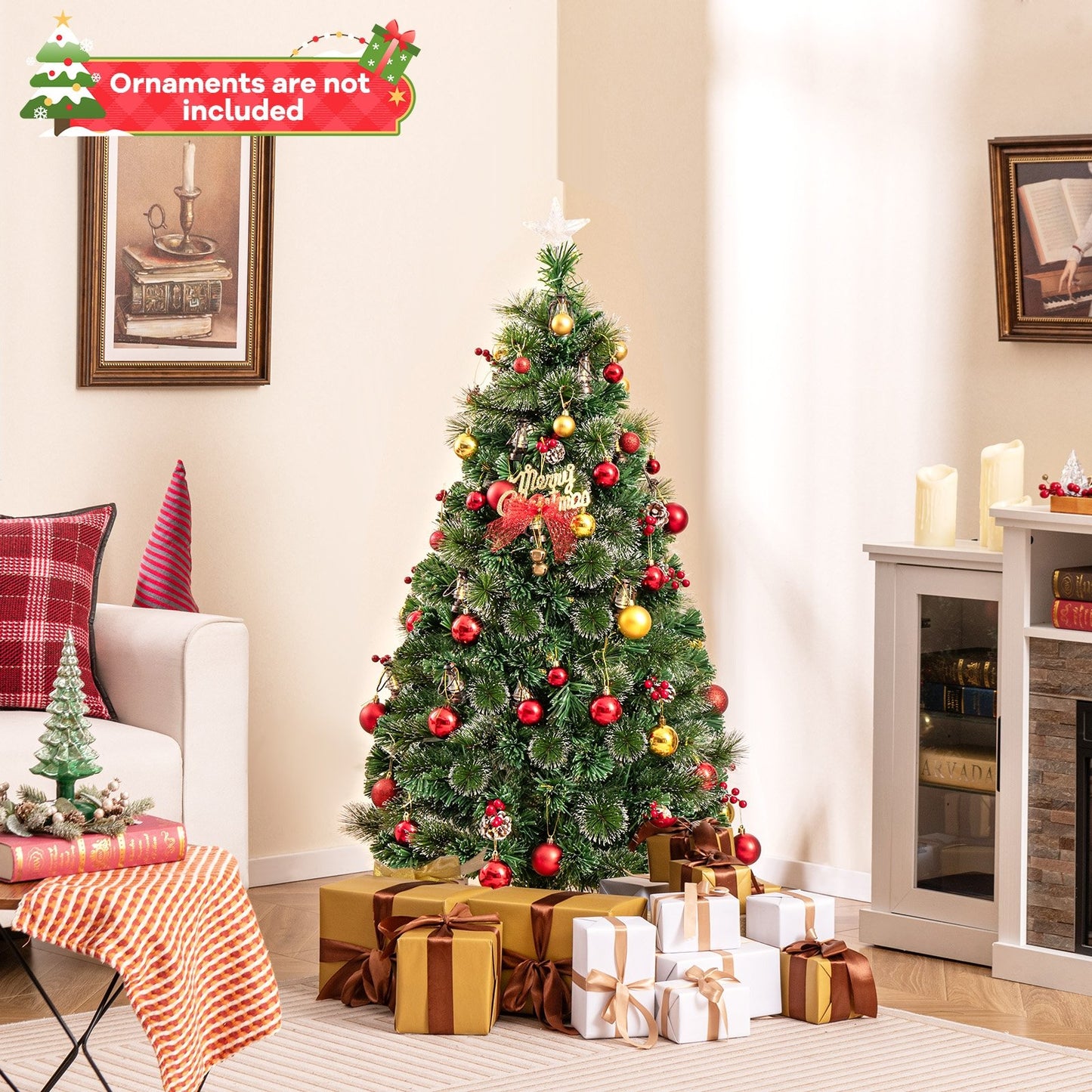 5/6/7 Feet Artificial Christmas Tree with Red Berries and Kerosene Lamps-6 ft