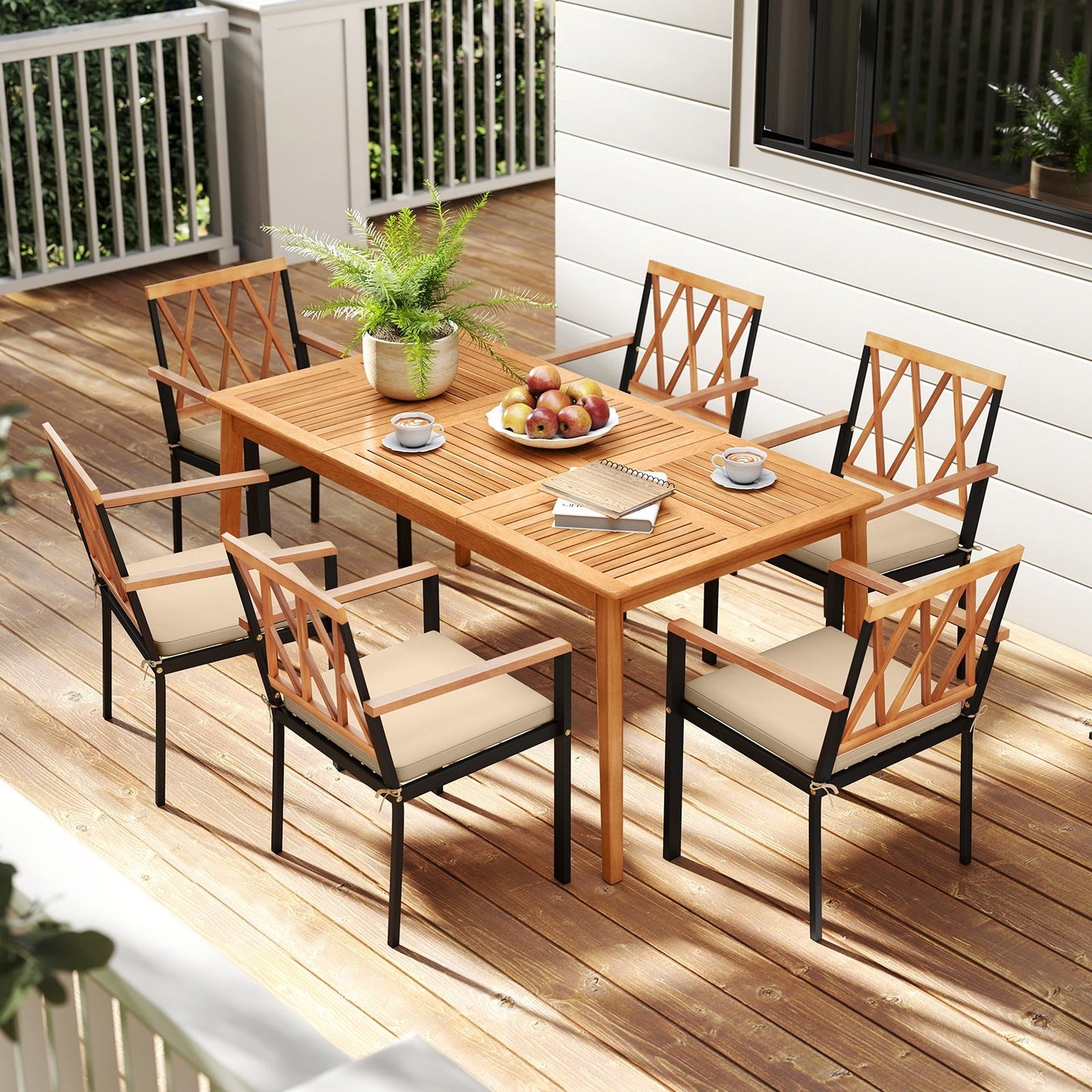 7 Piece Patio Acacia Wood Dining Set Solid Wooden Dining Furniture with Umbrella Hole