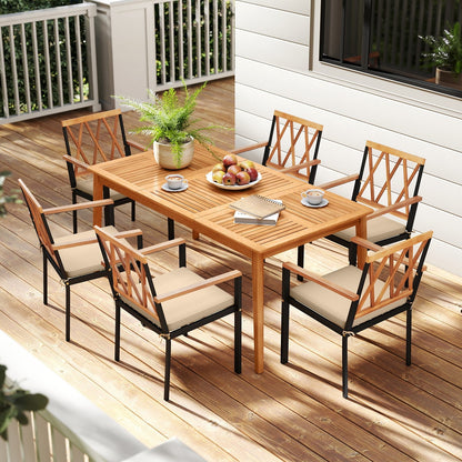 7 Piece Patio Acacia Wood Dining Set Solid Wooden Dining Furniture with Umbrella Hole