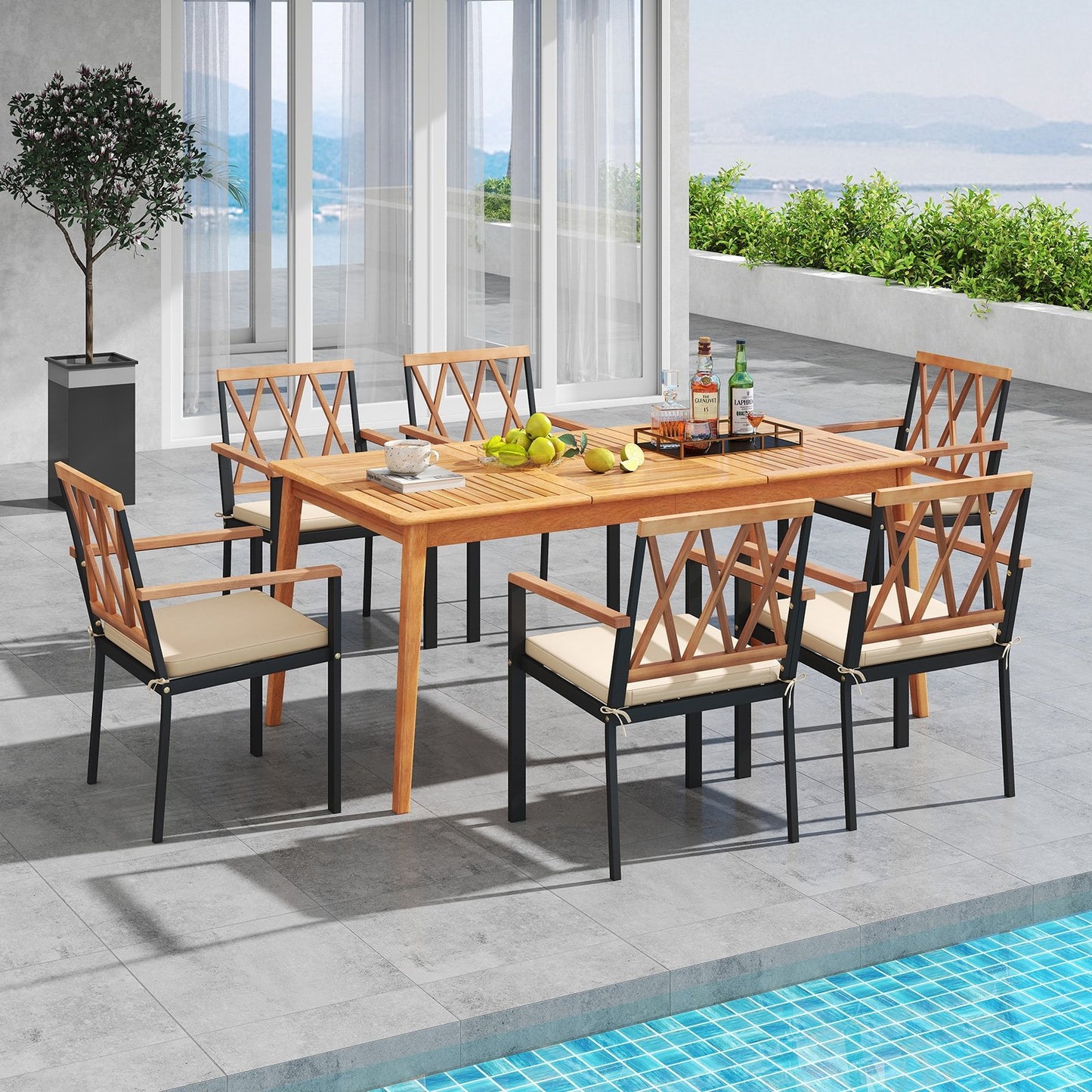 7 Piece Patio Acacia Wood Dining Set Solid Wooden Dining Furniture with Umbrella Hole
