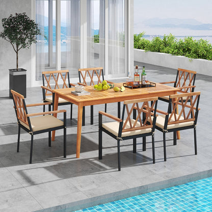 7 Piece Patio Acacia Wood Dining Set Solid Wooden Dining Furniture with Umbrella Hole
