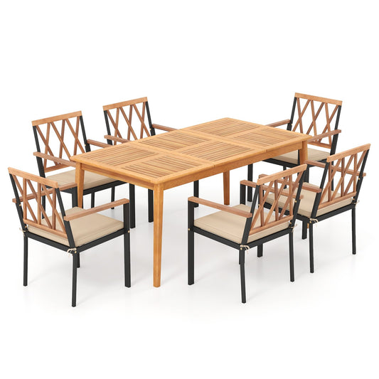 7 Piece Patio Acacia Wood Dining Set Solid Wooden Dining Furniture with Umbrella Hole