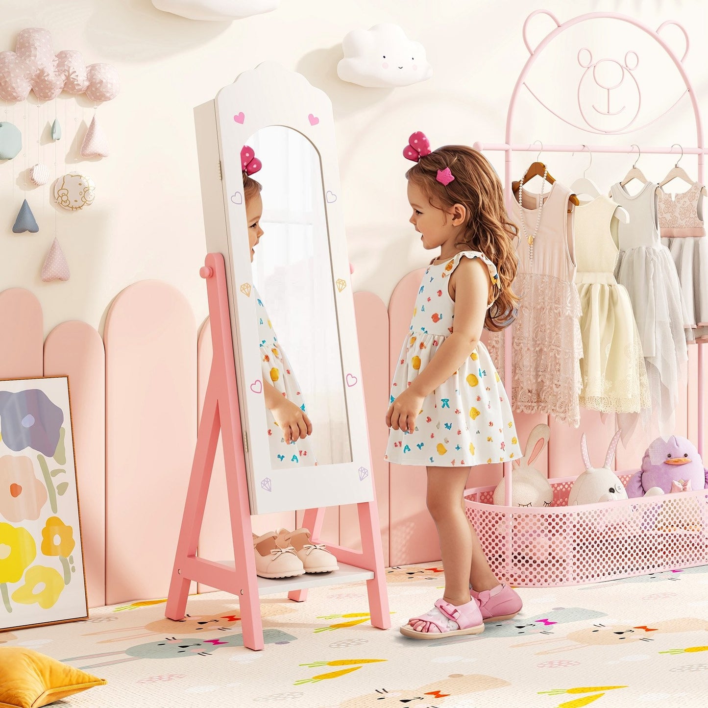 Kids Jewelry Organizer with Full Length Mirror Drawers and Storage Shelves-Pink