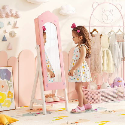 Kids Jewelry Organizer with Full Length Mirror Drawers and Storage Shelves-Pink