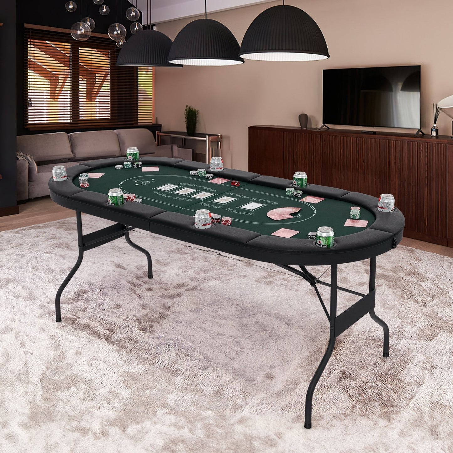 72 Inch Foldable Poker Table for 8 Players Portable Oval Card Board Game Table-Black