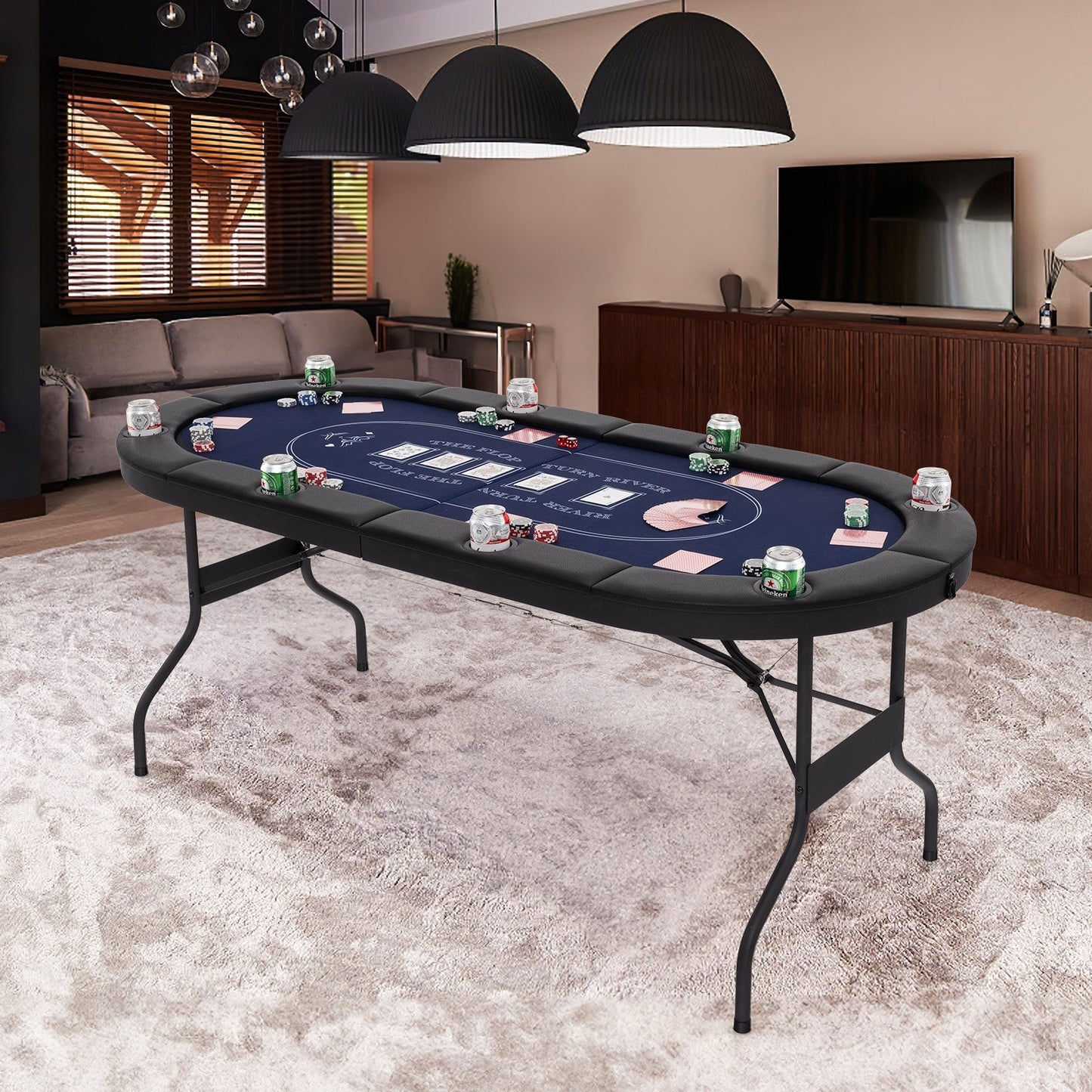 72 Inch Foldable Poker Table for 8 Players Portable Oval Card Board Game Table-Black