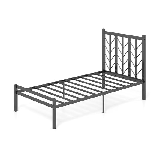 Twin size platform bed with metal frame and headboard, featuring a simple, modern design in a bedroom setting.