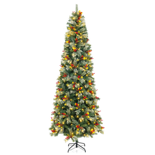 Pre-lit artificial Christmas tree with PVC and pine needles, available in 5, 7.5, and 9 ft sizes, decorated for holiday season.