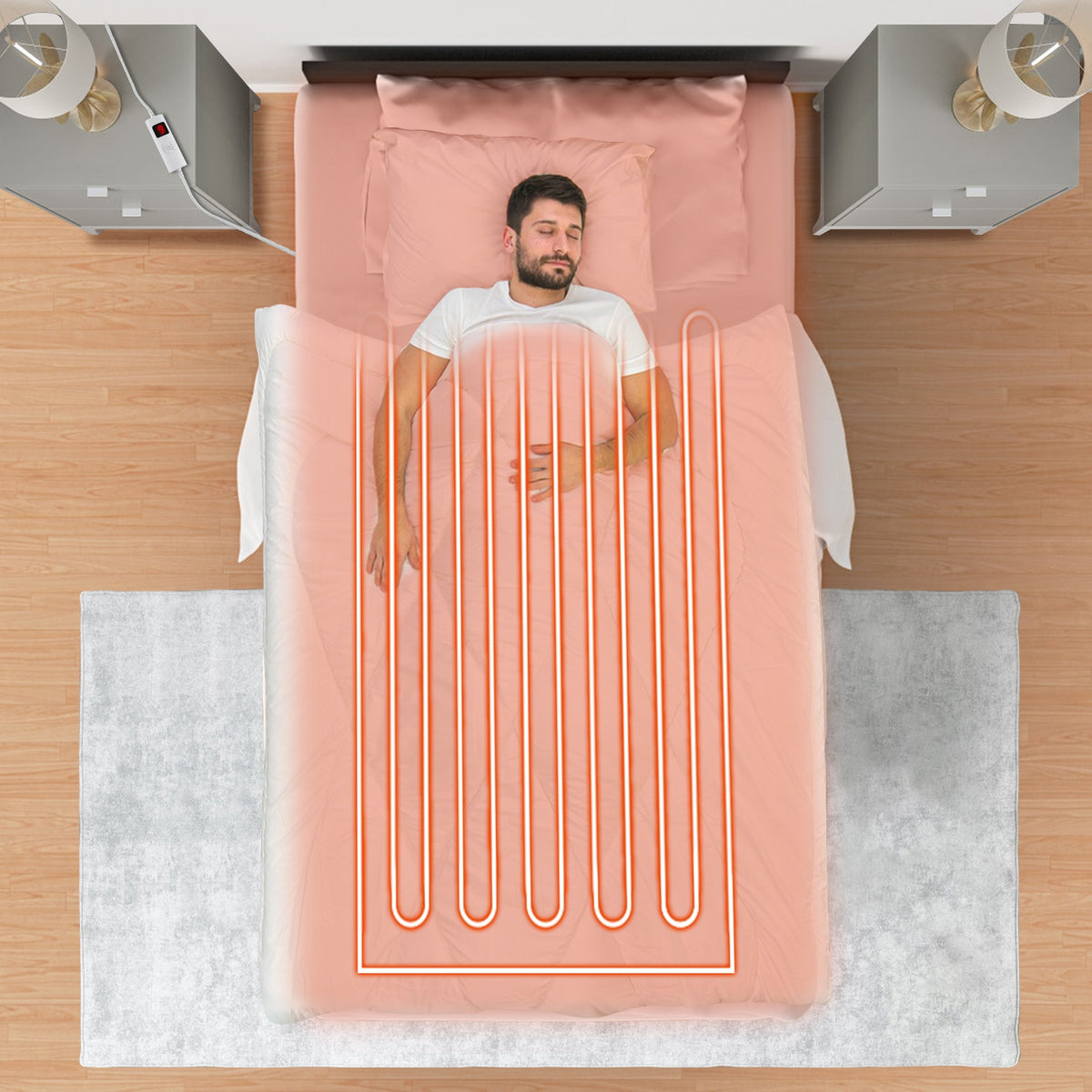 Twin size electric bed warmer with dual controllers, 9 heat settings, auto off, and overheat protection, suitable for bedroom bedding.