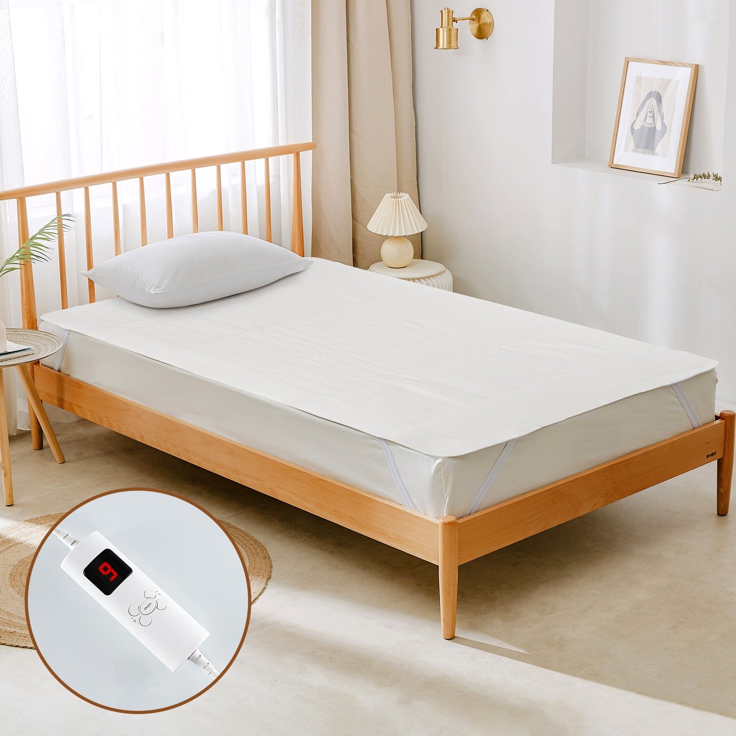 Electric bed warmer with dual controllers, 9 heat settings, auto off, and overheat protection for twin beds.
