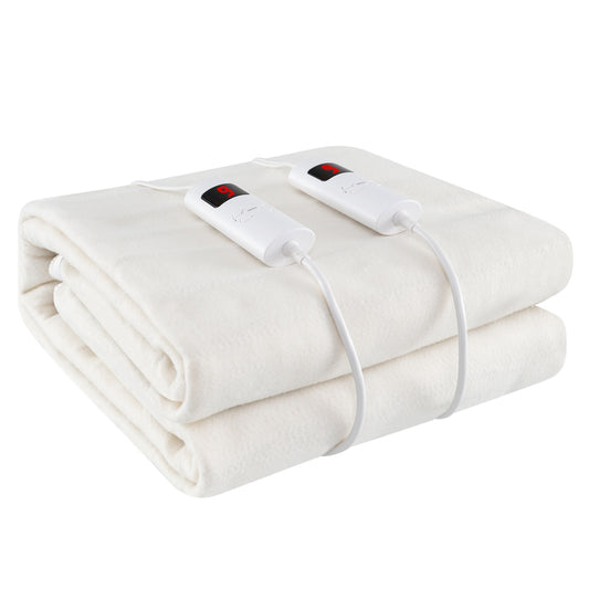 Machine washable electric bed warmer with dual controllers, 9 heat settings, auto off, and overheat protection on a full-size bed.