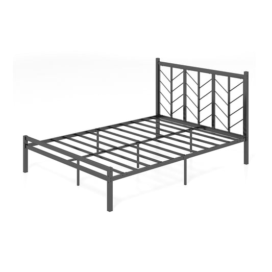 Queen size platform bed with headboard and metal frame, featuring a sleek, modern design for bedroom furniture.
