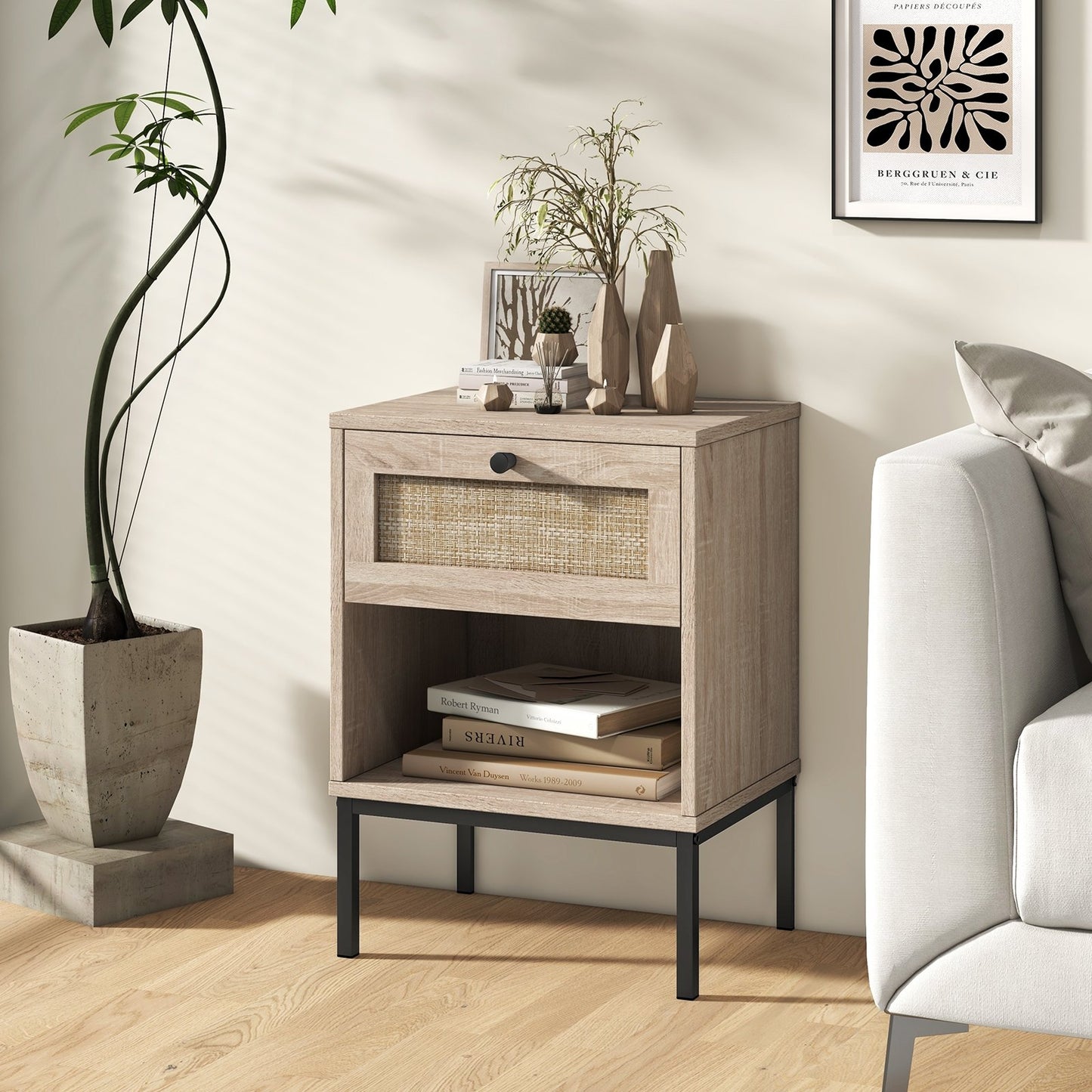 Rattan Nightstand Boho End Table with Rattan Drawer and Open Shelf Set of 2-Natural