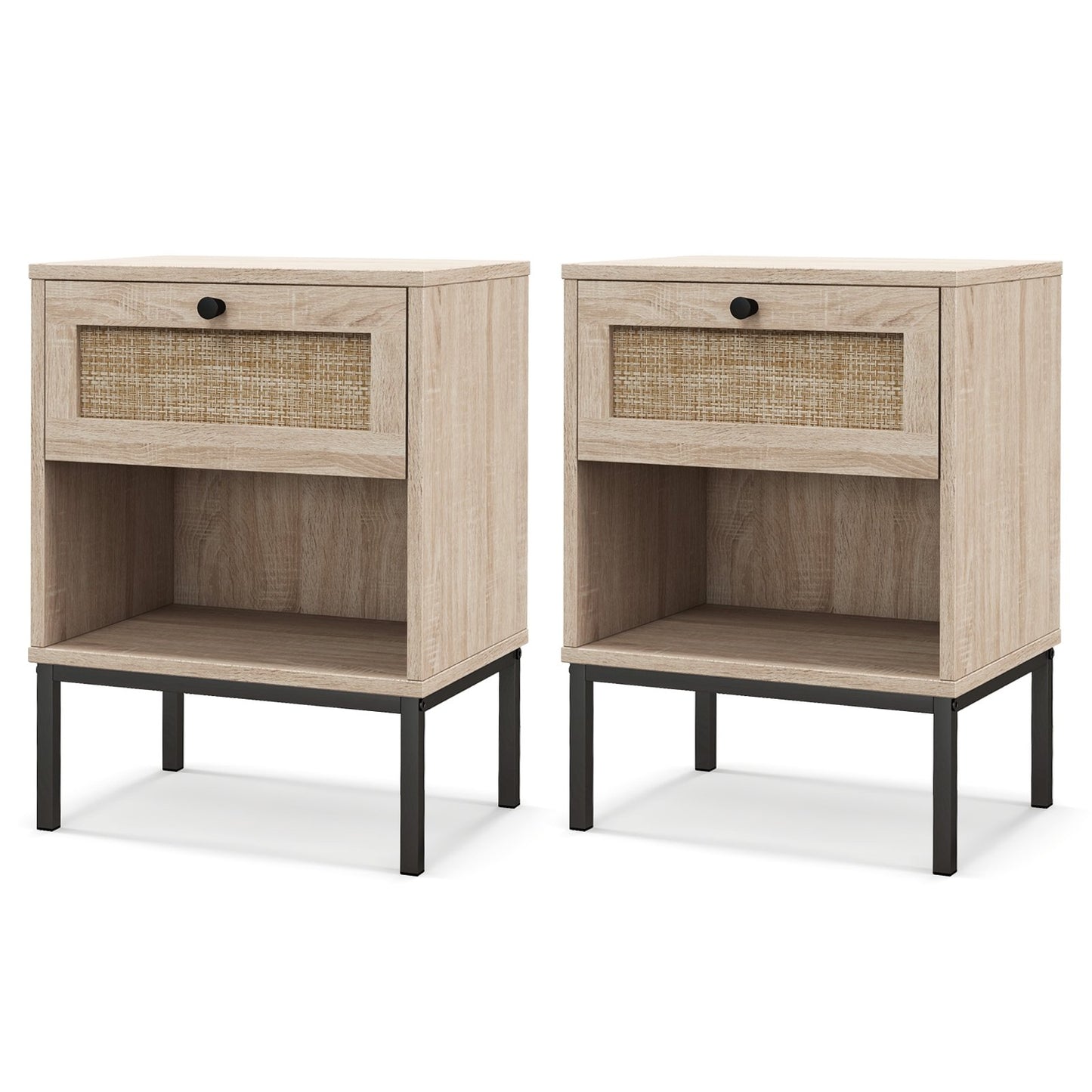 Rattan Nightstand Boho End Table with Rattan Drawer and Open Shelf Set of 2-Natural