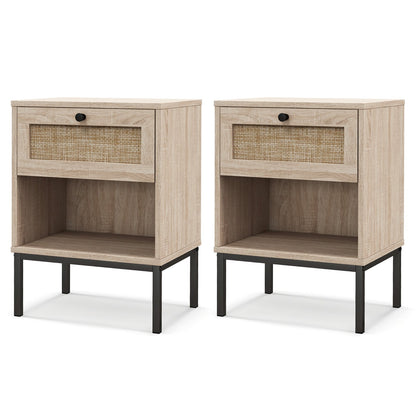 Rattan Nightstand Boho End Table with Rattan Drawer and Open Shelf Set of 2-Natural