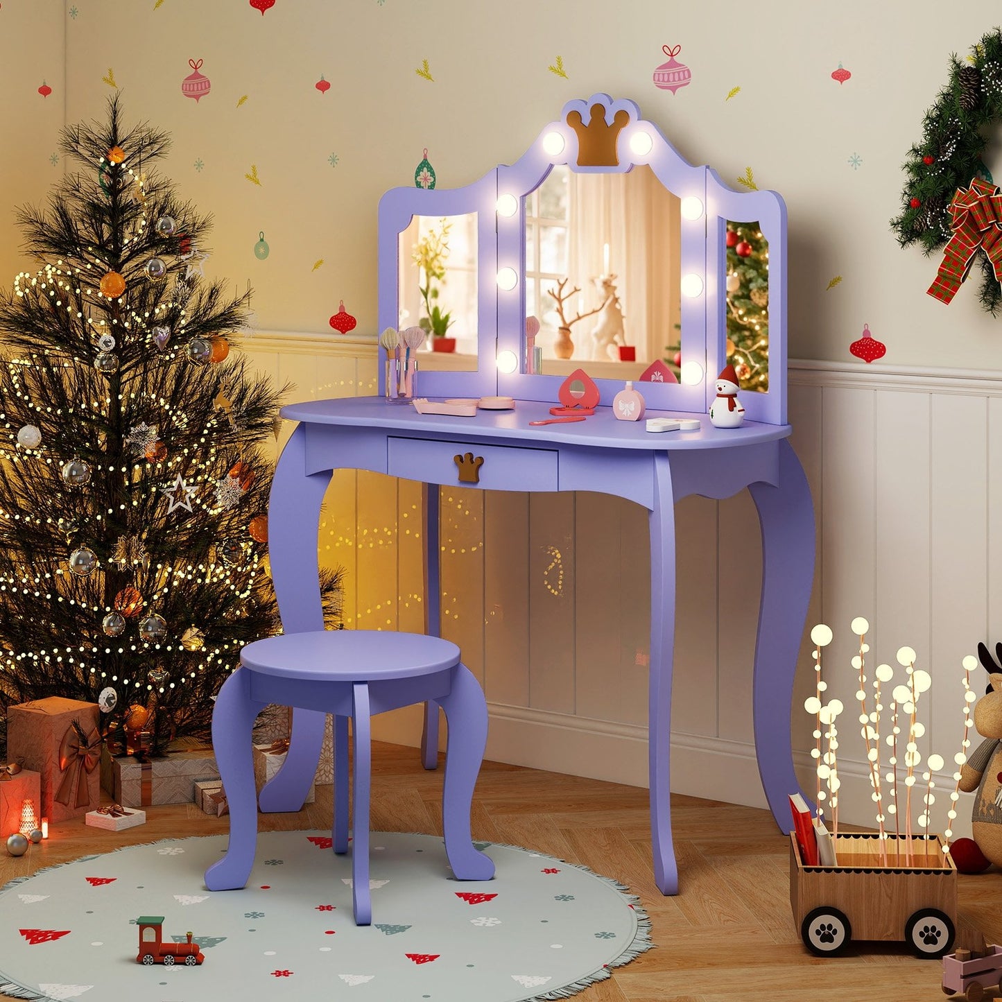 Kids Vanity Set with Tri-fold Lighted Mirror Detachable Top and Stool-Pink