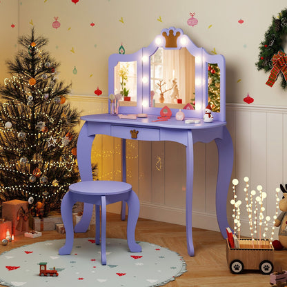 Kids Vanity Set with Tri-fold Lighted Mirror Detachable Top and Stool-Pink