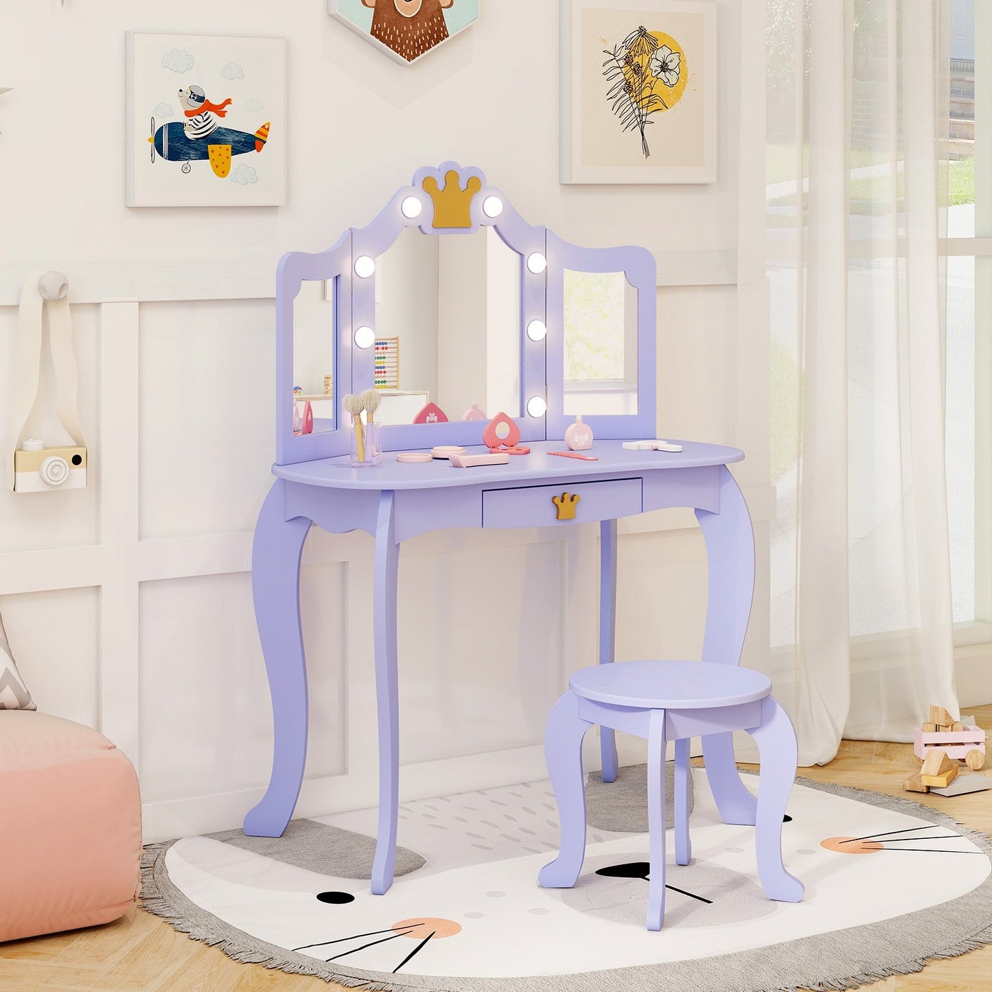 Kids Vanity Set with Tri-fold Lighted Mirror Detachable Top and Stool-Pink