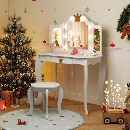 Kids Vanity Set with Tri-fold Lighted Mirror Detachable Top and Stool-Pink