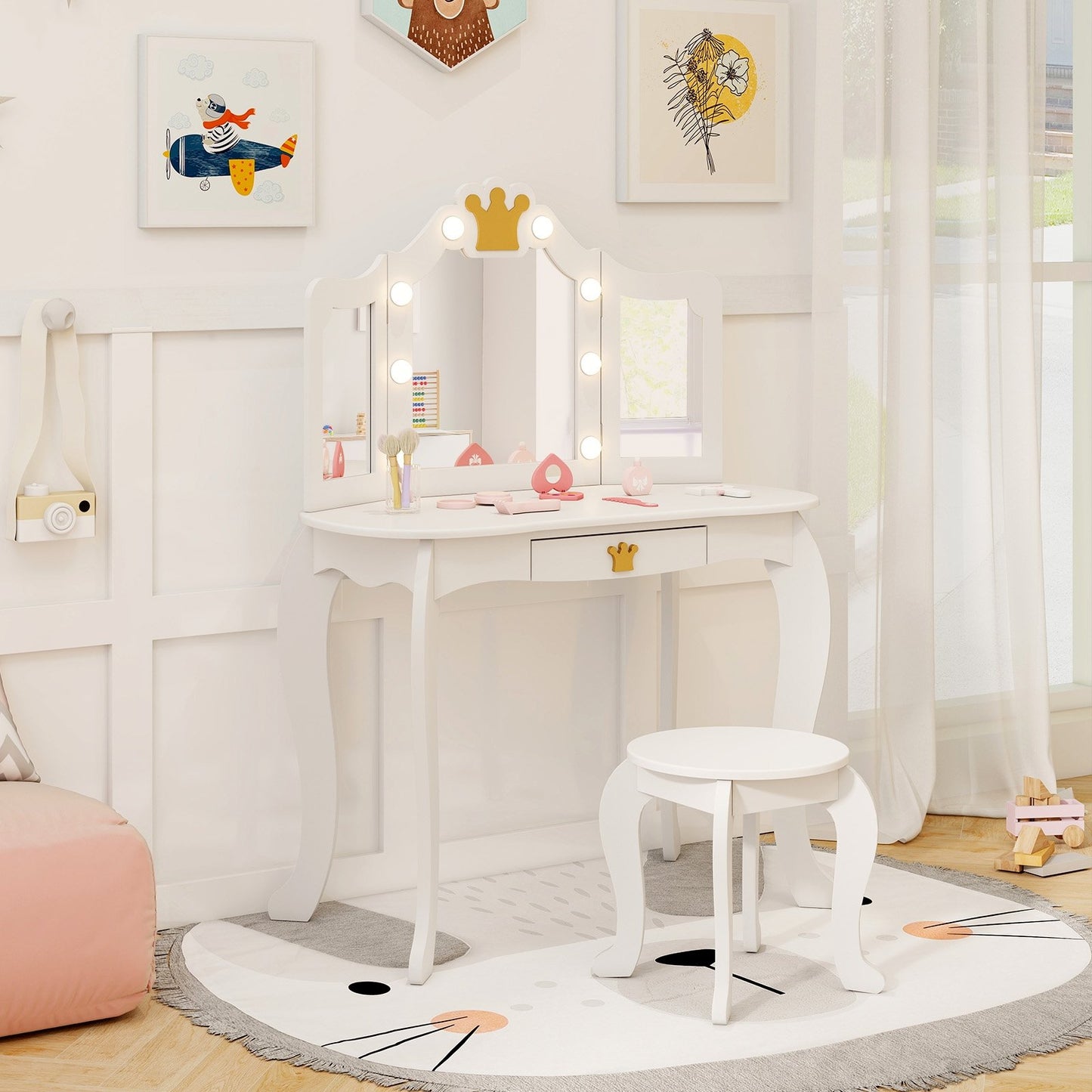 Kids Vanity Set with Tri-fold Lighted Mirror Detachable Top and Stool-Pink
