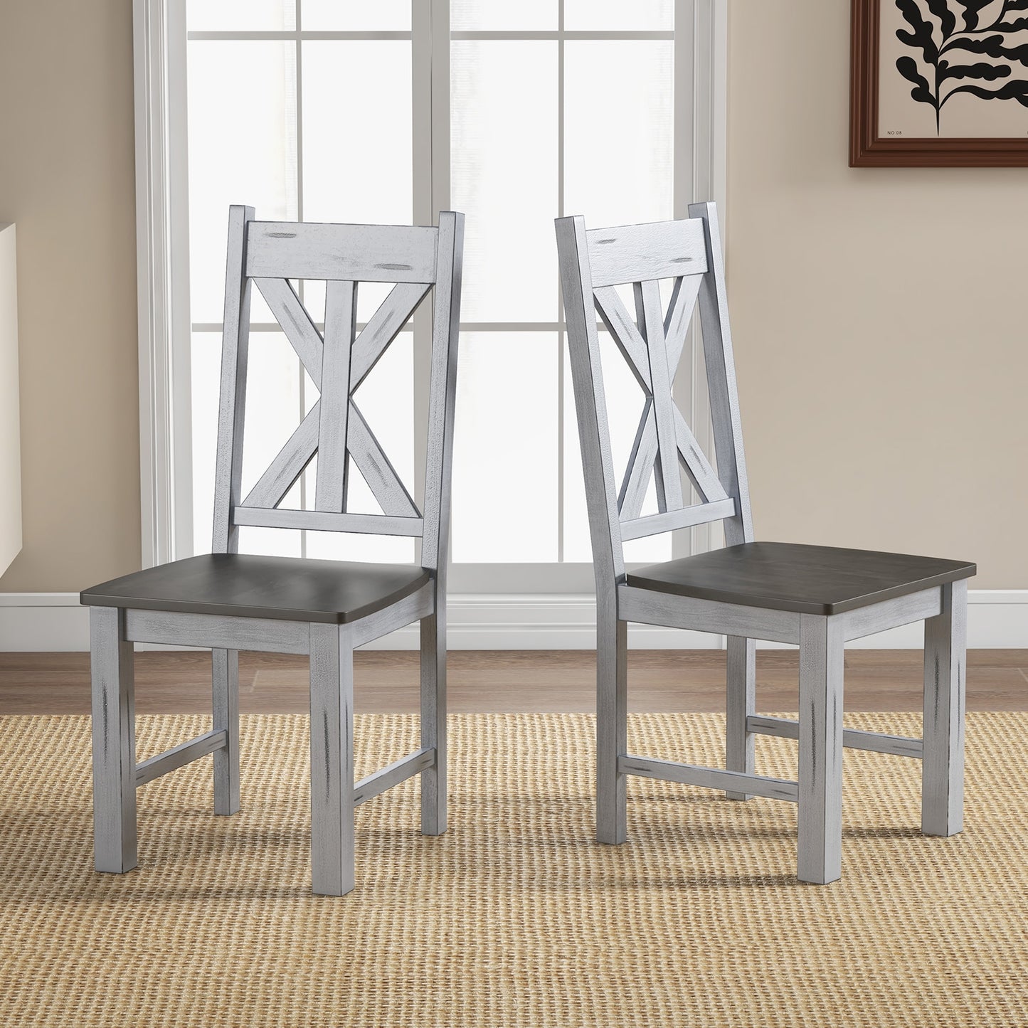 Farmhouse Chair Set of 2 with Rubber Wood Frame and Elegant Hollowed Backrest-Gray
