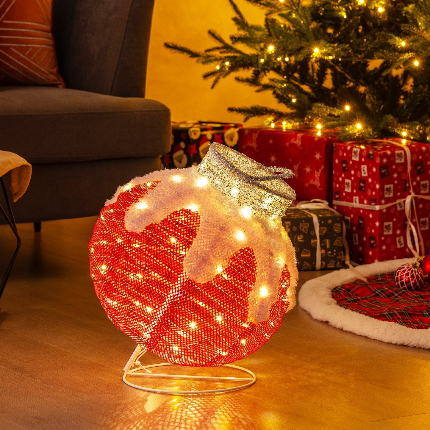 Outdoor Christmas Lantern Pop-Up Lighted Festive Ball with 80 LED Lights and Support Base