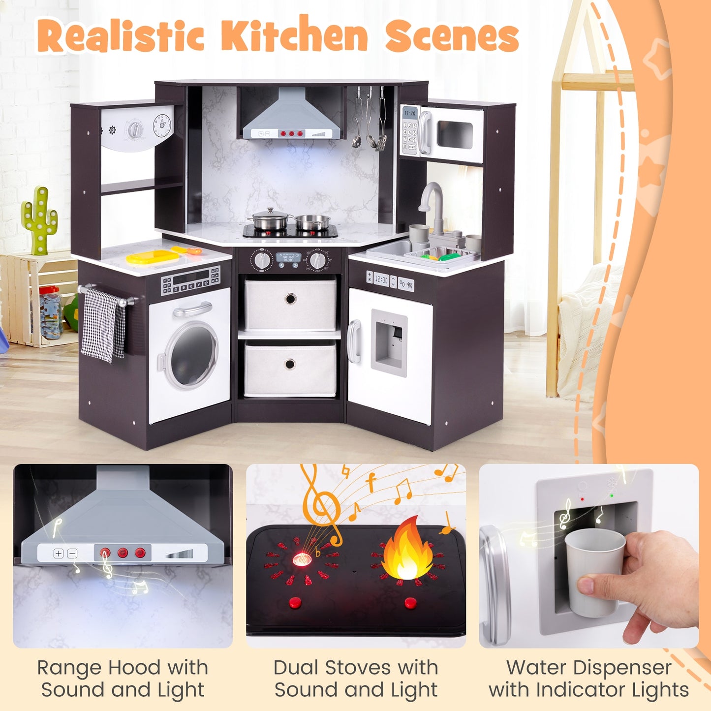 Wooden Kids Play Kitchen Playset with Realistic Lights and Sounds-Coffee