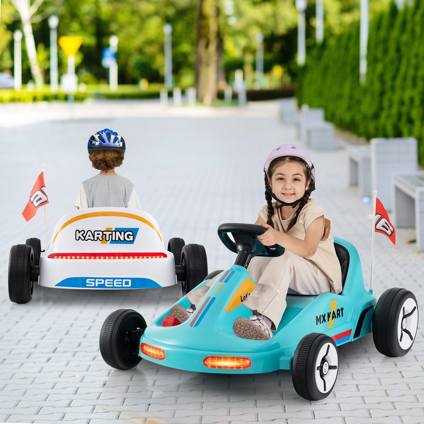 Blue 12V electric go-kart for kids with remote control and music, designed for ride-on fun and safe outdoor play.