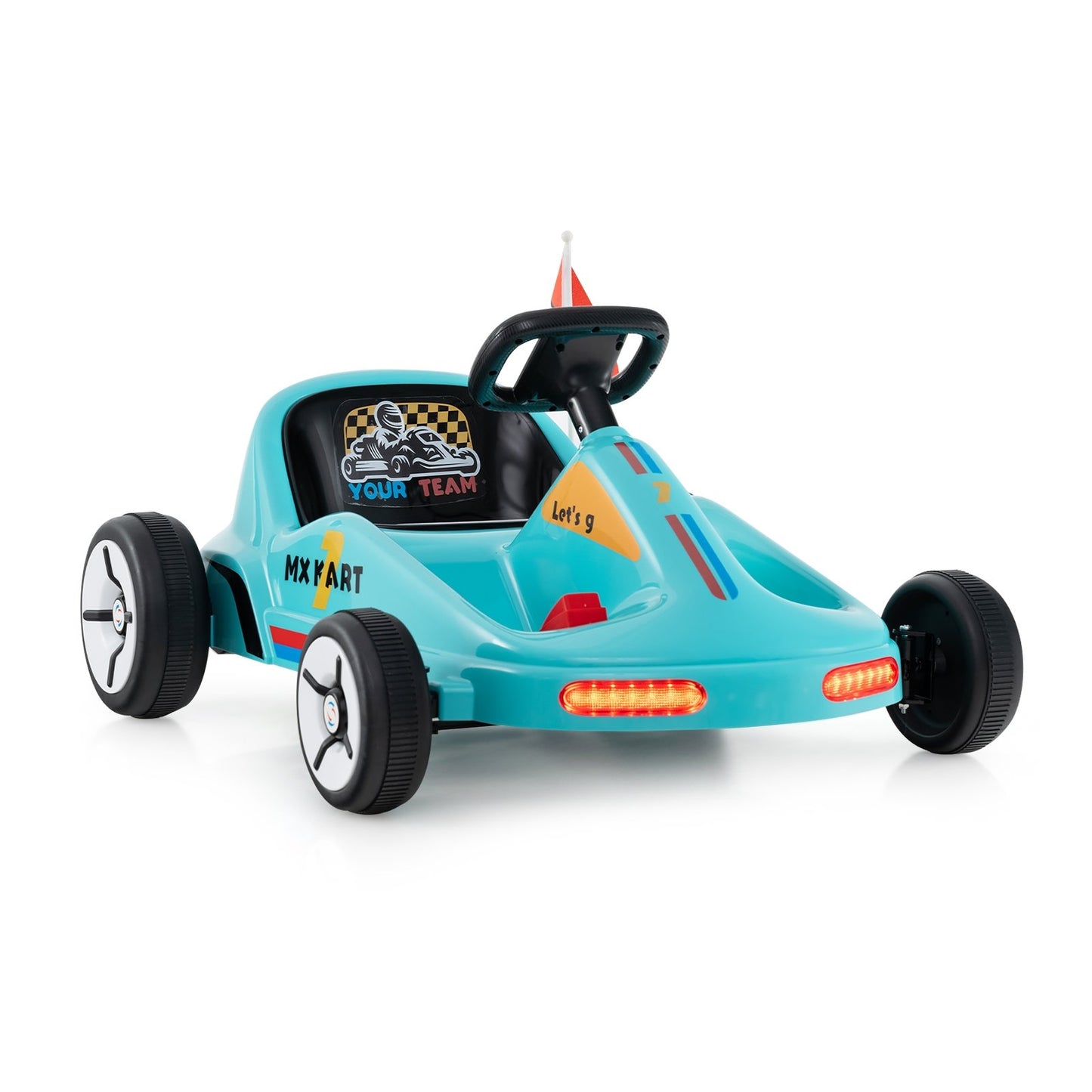 Blue 12V electric go-kart for kids with remote control and music, designed for outdoor riding fun and safety.