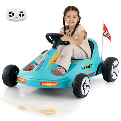 Blue 12V electric kids' go kart with remote control and music, designed for ride-on fun and powered by Wilsons Home Store.