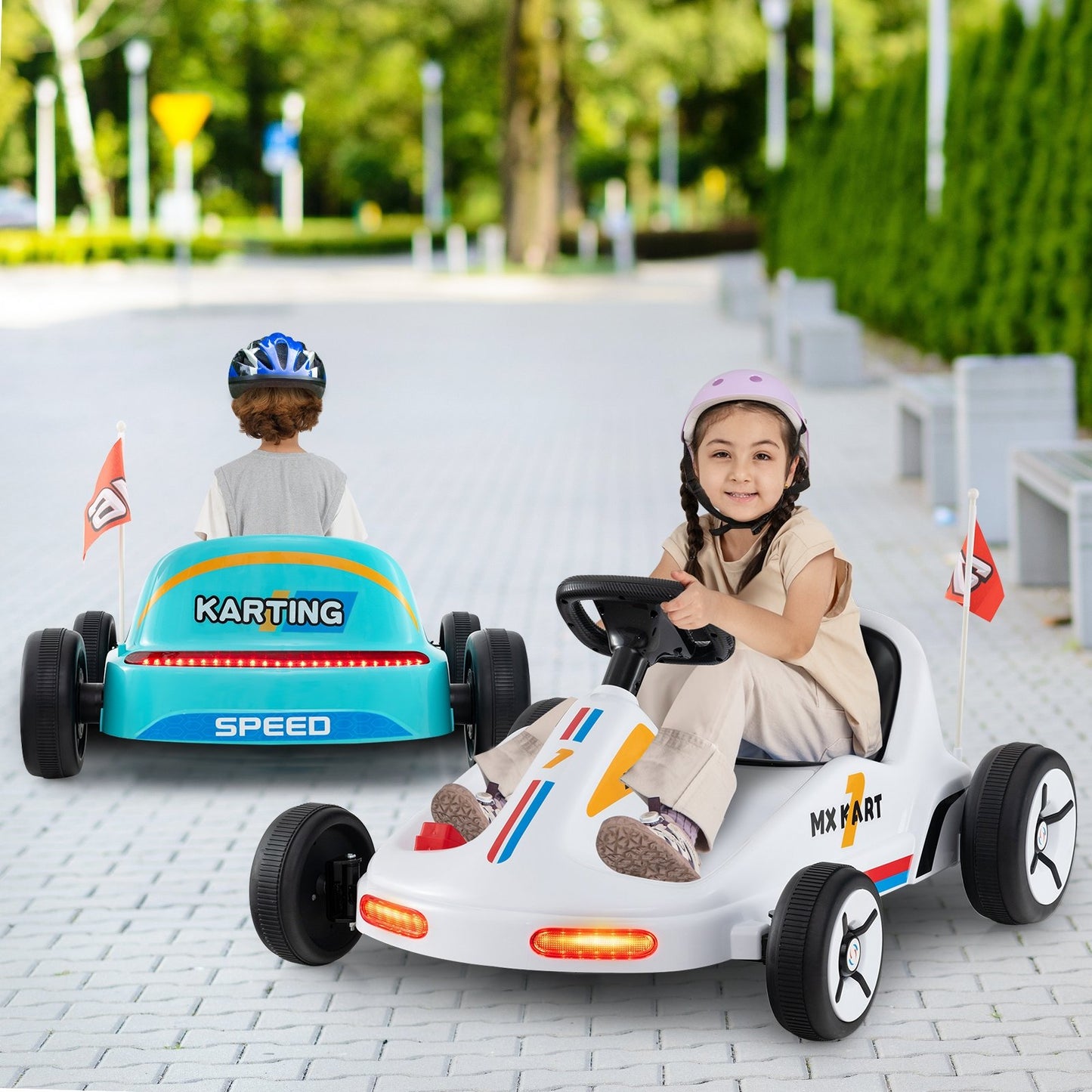 Blue 12V electric kid's go-kart with remote control and music, powered ride-on toy for children, by Wilsons Home Store.