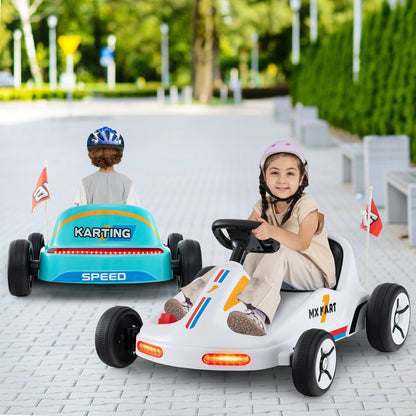 Blue 12V electric kid's go-kart with remote control and music, powered ride-on toy for children, by Wilsons Home Store.