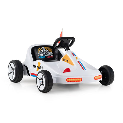 Blue 12V electric go-kart for kids with remote control and music, featuring durable ride-on design and fun racing features.