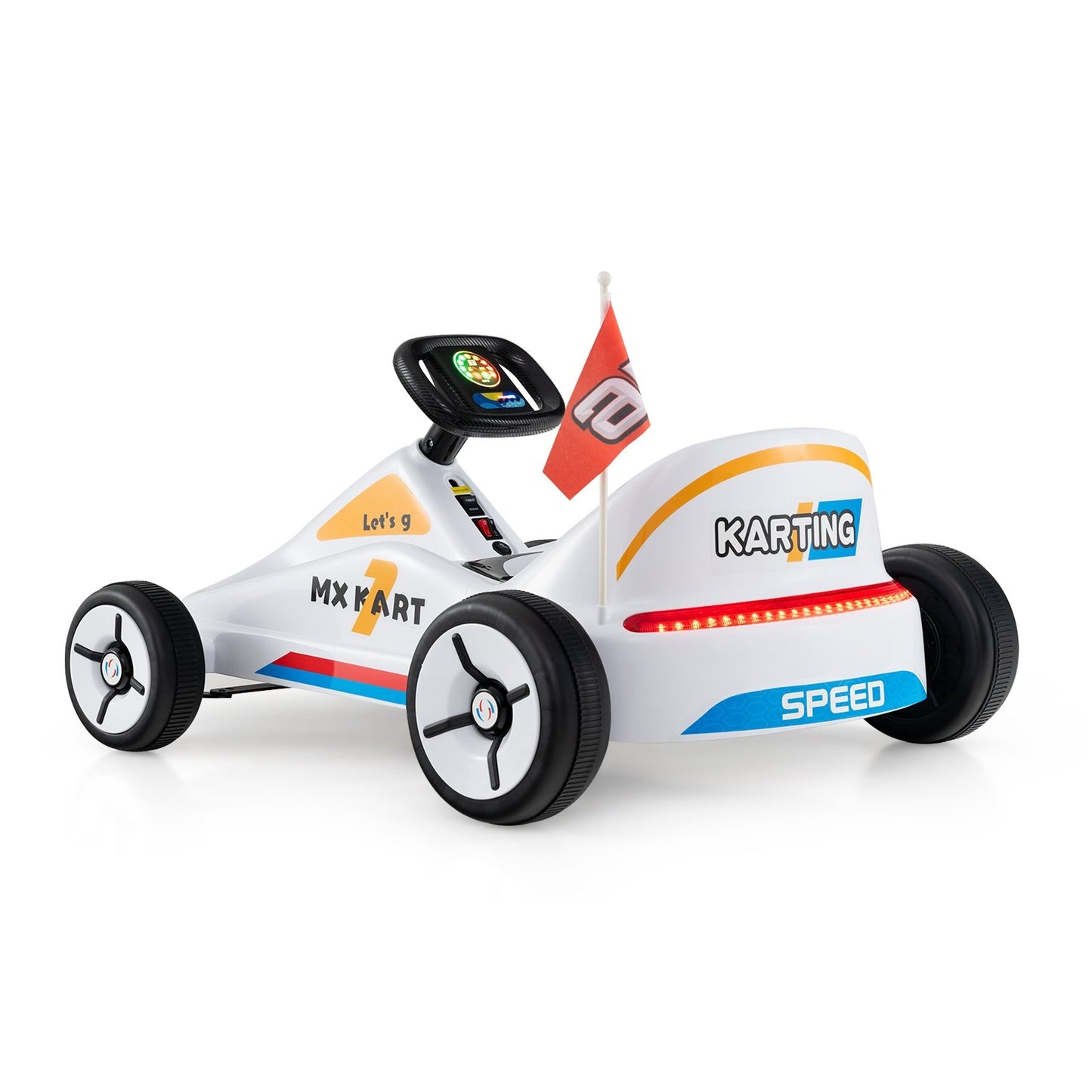 Blue 12V electric go-kart for kids with remote control and music, designed for outdoor riding fun, from Wilsons Home Store.