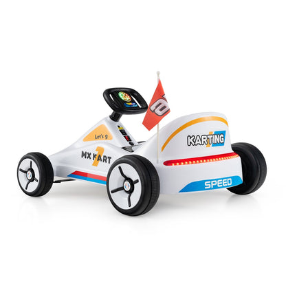 Blue 12V electric go-kart for kids with remote control and music, designed for outdoor riding fun, from Wilsons Home Store.