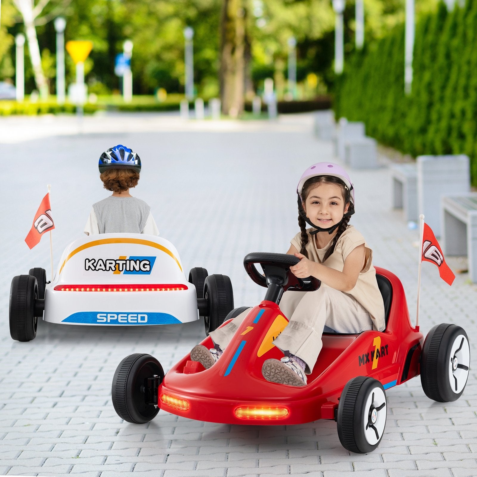 Blue 12V electric kid's go-kart with remote control and music, designed for children’s ride-on toy fun.