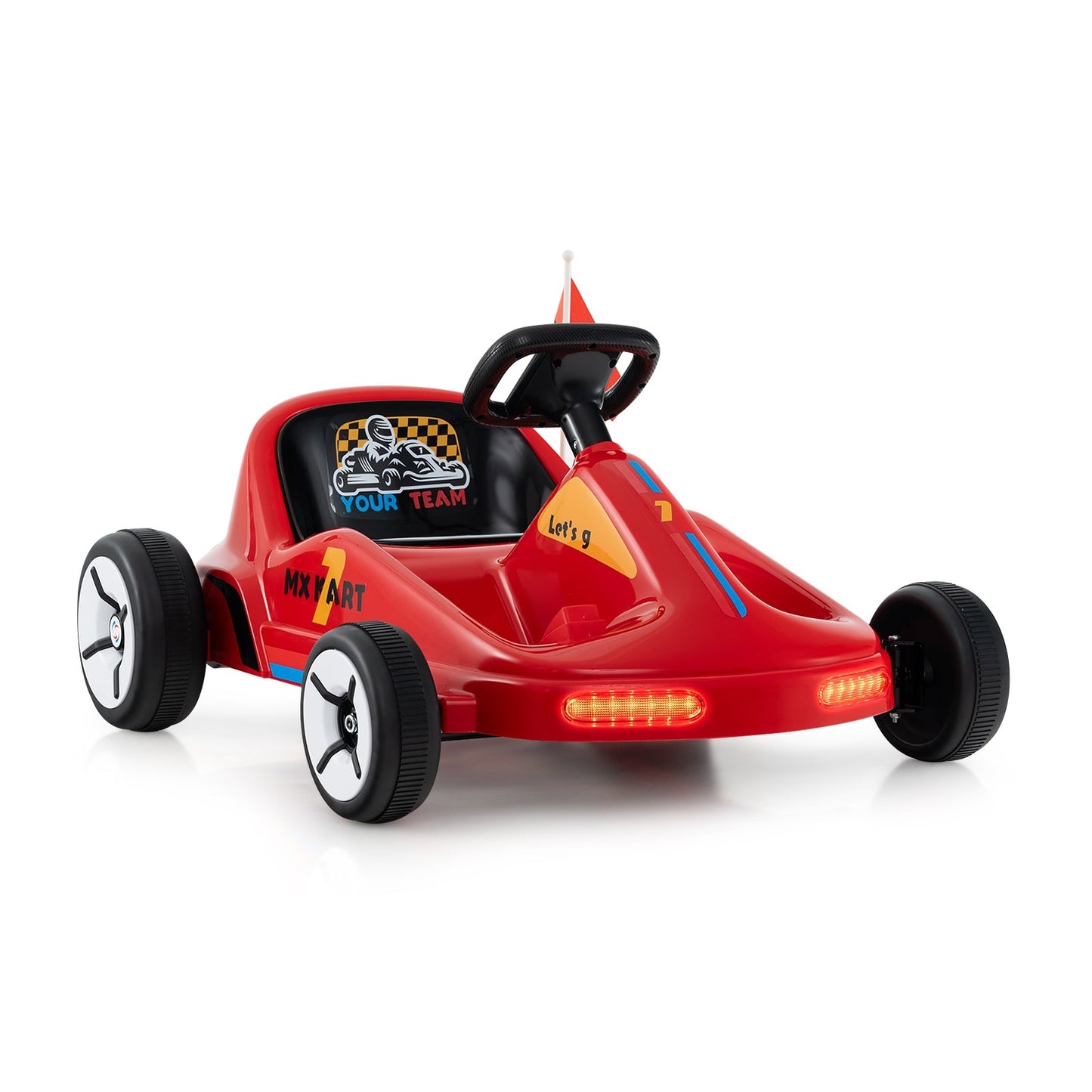 Blue 12V electric kids' go-kart with remote control and music, designed for ride-on fun and powered by Wilsons Home Store.