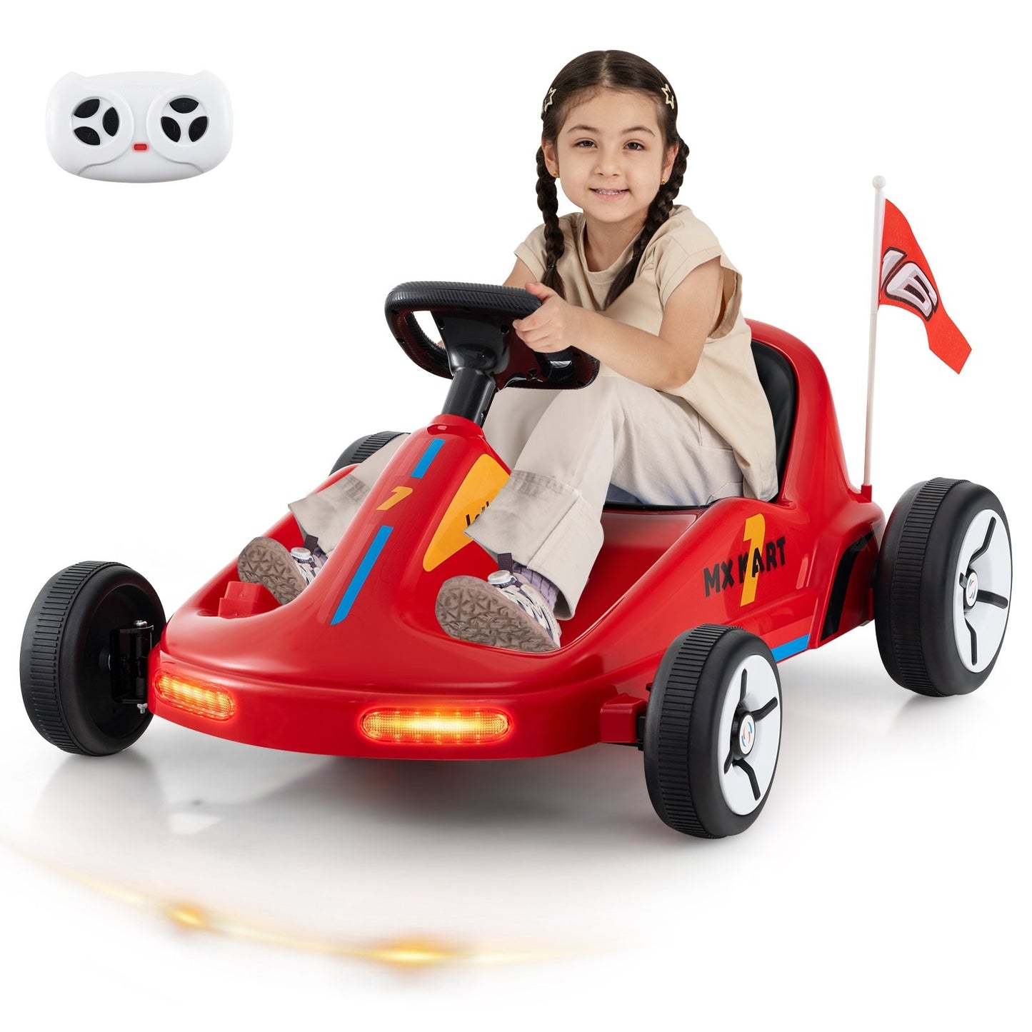 Blue 12V electric go-kart for kids with remote control and music, featuring a fun ride-on toy design.
