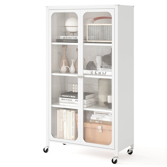 58 Inches Bookcase with Adjustable Shelves and Lockable Wheels-White