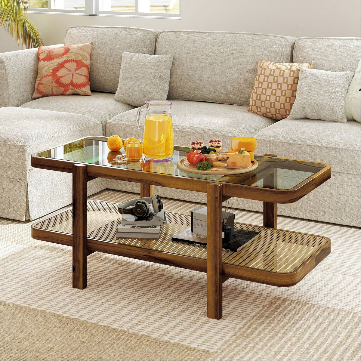 2-Tier Coffee Table with Storage and Tempered Glass Tabletop-Brown ...