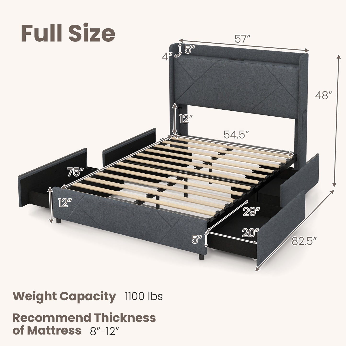 Full/Queen Size Bed Frame with LED Lights and Charging Station-Full Size