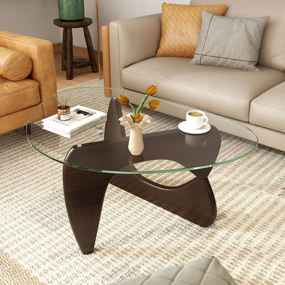Triangle Coffee Table with Tempered Glass Top and Adjustable Rubber Wood Base-Natural
