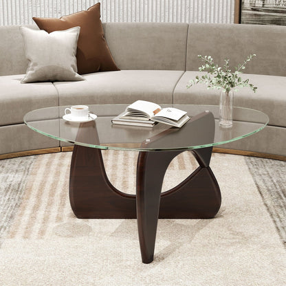 Triangle Coffee Table with Tempered Glass Top and Adjustable Rubber Wood Base-Natural