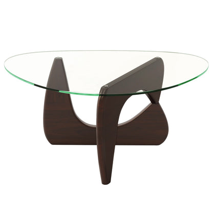 Triangle Coffee Table with Tempered Glass Top and Adjustable Rubber Wood Base-Natural