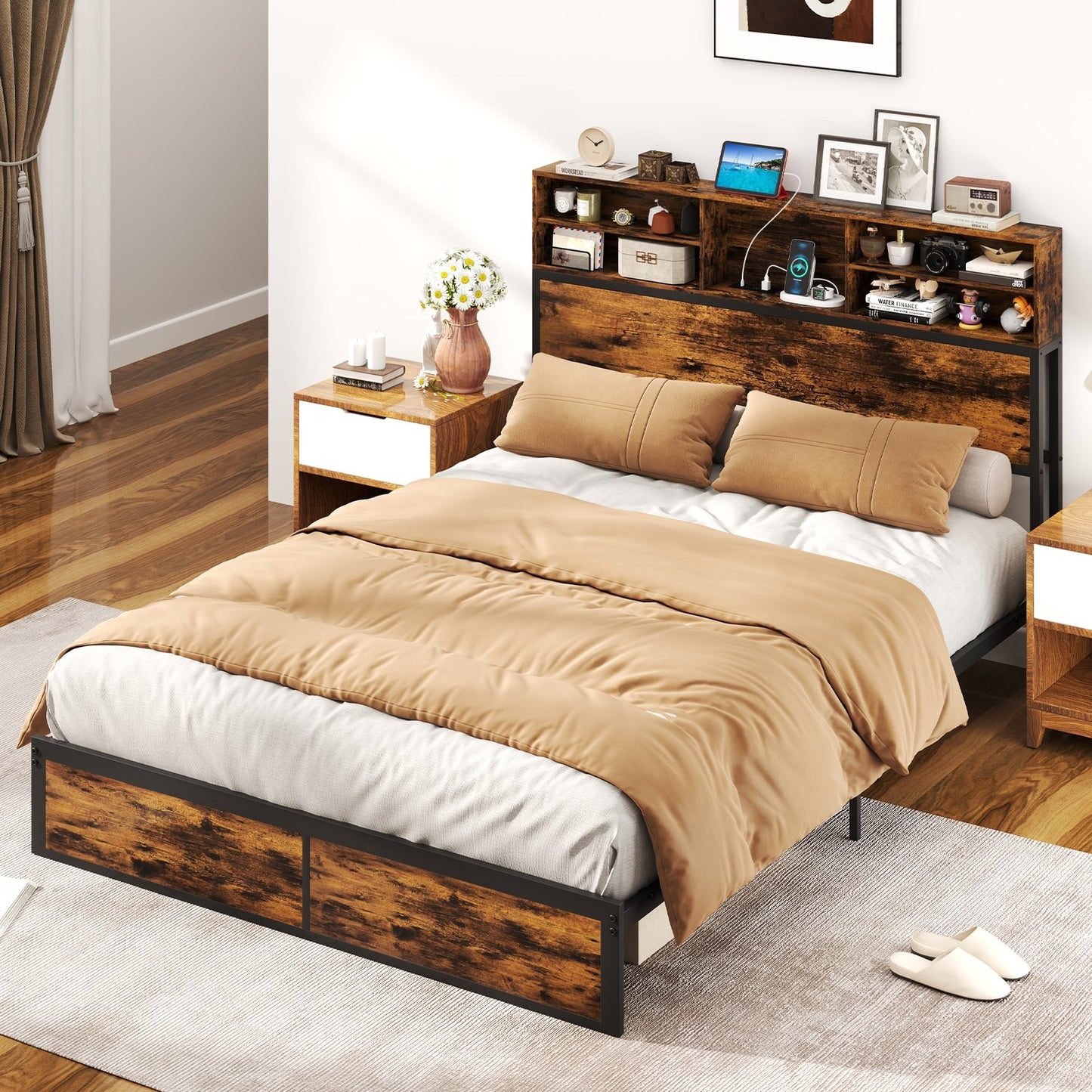 Full/King Size Bed Frame with Storage Headboard Industrial Metal Platform Bed-Full Size