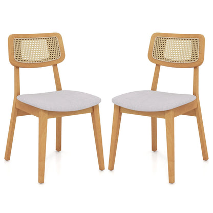 Rattan Dining Chair Set of 2 with Can Back and Rubber Wood Frame-Natural