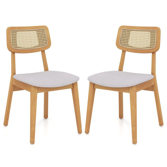 Rattan Dining Chair Set of 2 with Can Back and Rubber Wood Frame-Natural
