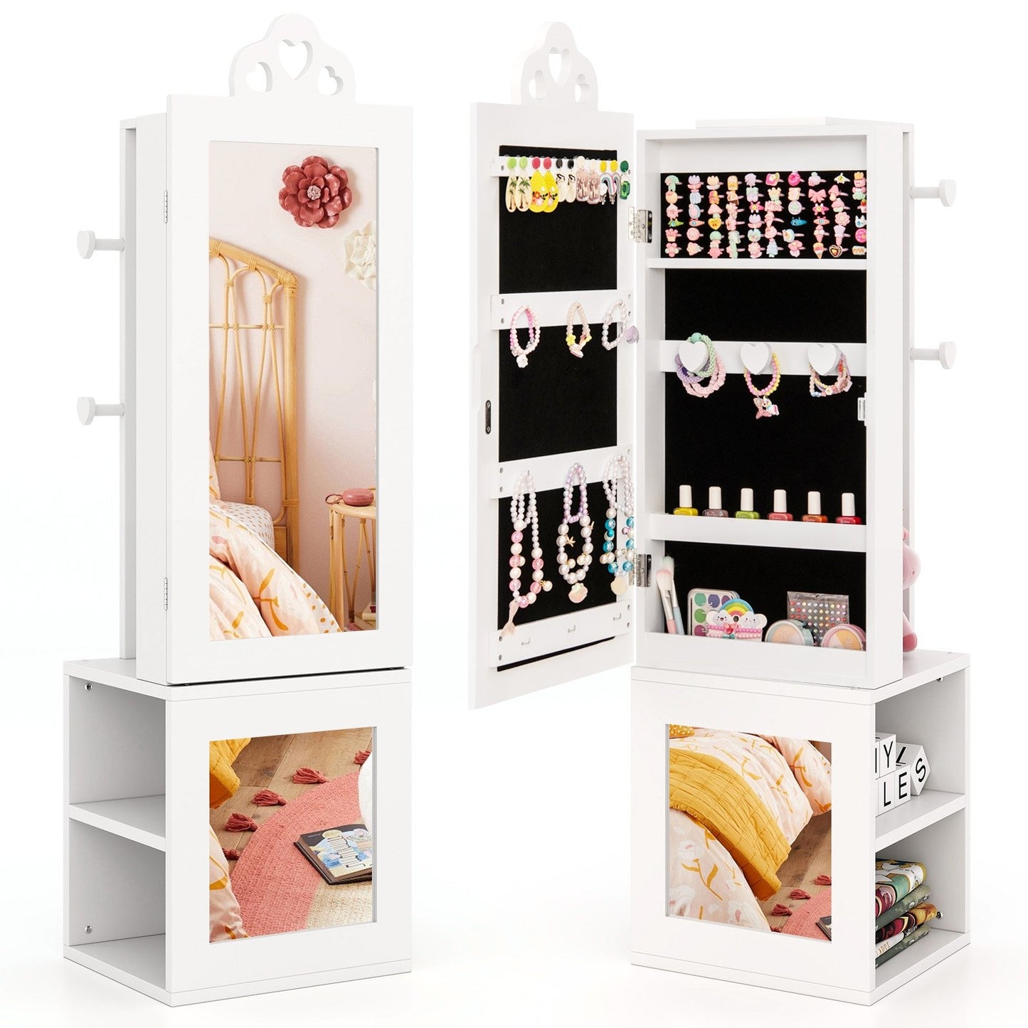 3-in-1 Freestanding Kids Jewelry Cabinet Armoire with Full Length Mirror-Pink