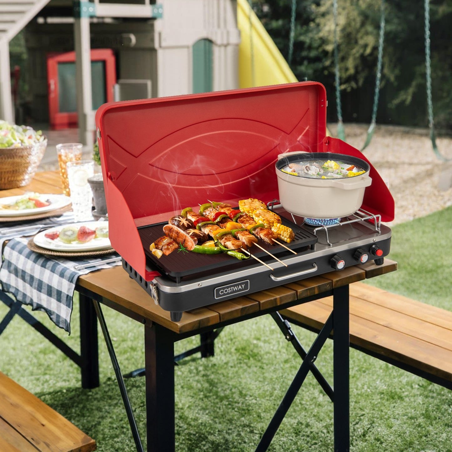 2-in-1 Gas Camping Grill and Stove with Detachable Legs-Black