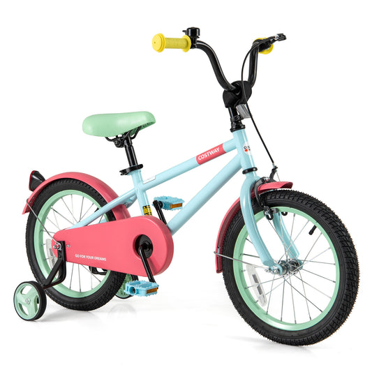 Blue 16-inch kids bike with adjustable handlebar and saddle, designed for young children, featuring sturdy wheels and a lightweight frame.